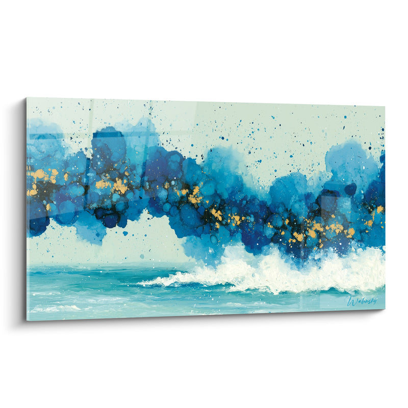 Tableau Vague bleue et dorée aux embruns d'écume - Déferlante suspendue - Edition Abstrait Coloré