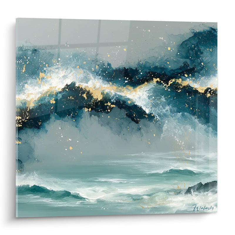 Tableau Vague marine bleu marine et doré - Fureur océanique - Edition Abstrait Coloré