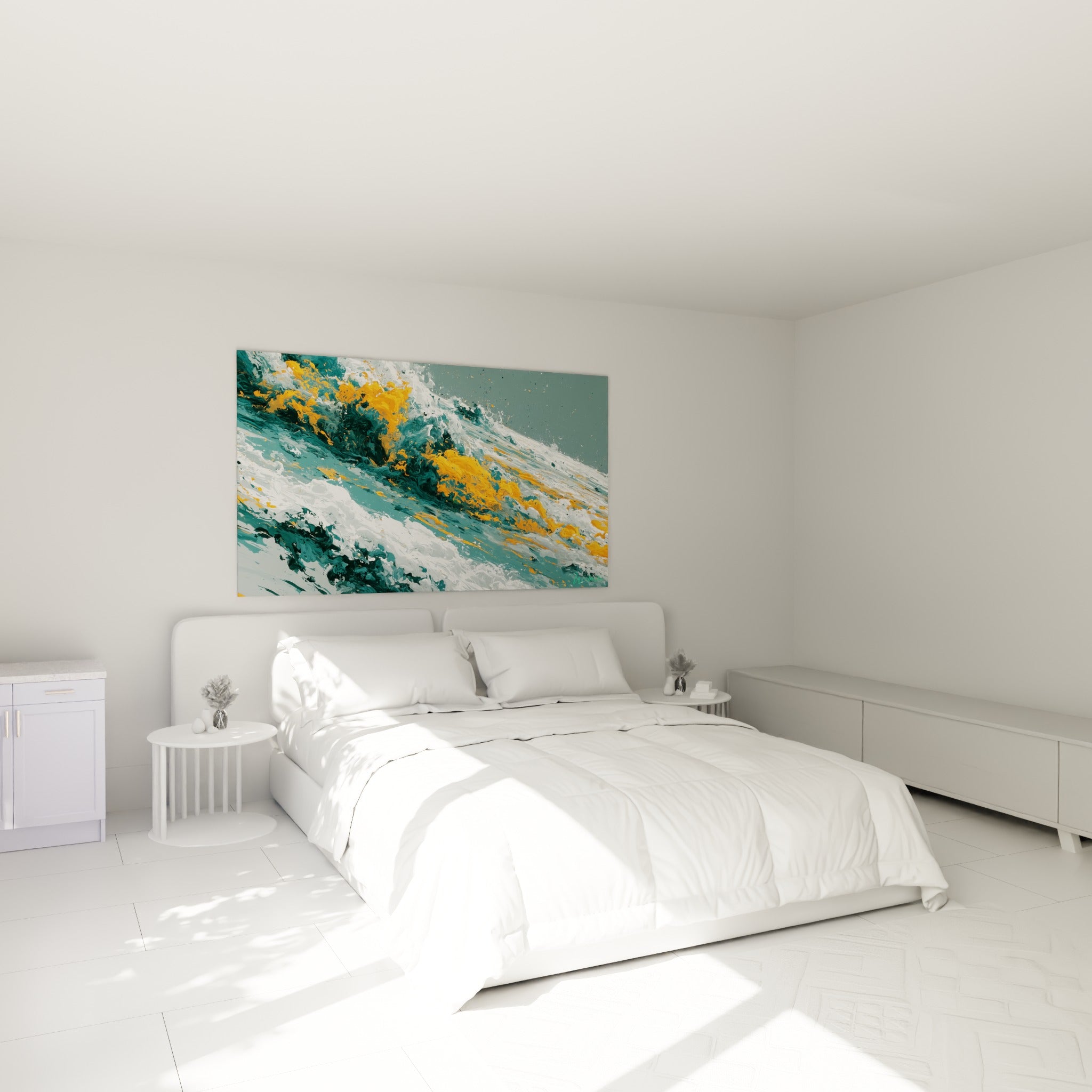 Toile de vague bleu sarcelle et orange vif suspendue au-dessus d'un lit dans une chambre claire et épurée