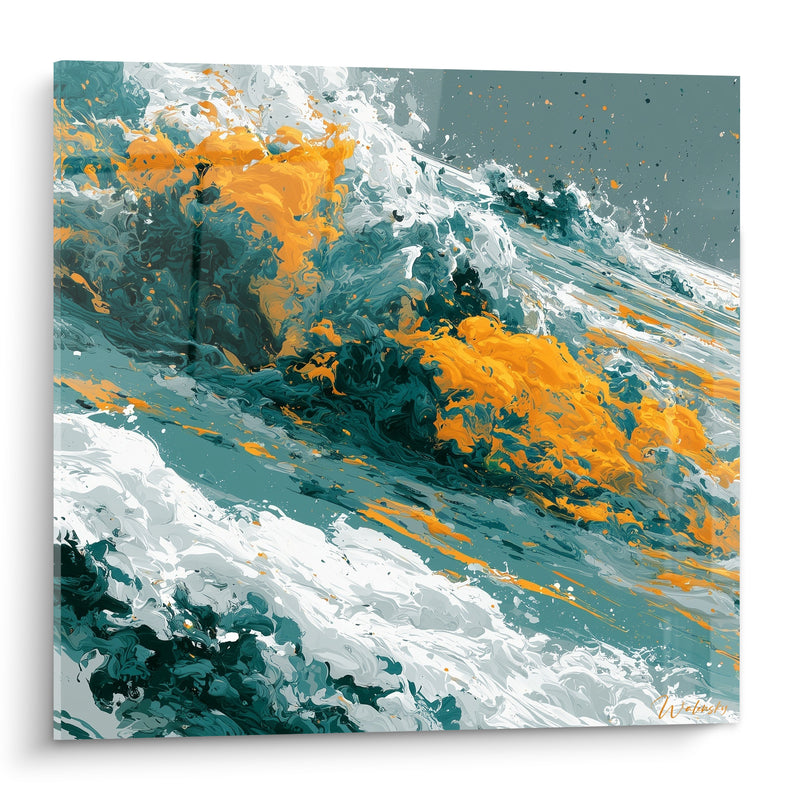 Tableau Vague déferlante bleu sarcelle et orange incandescente - Crête écumeuse embrasée - Edition Abstrait Coloré