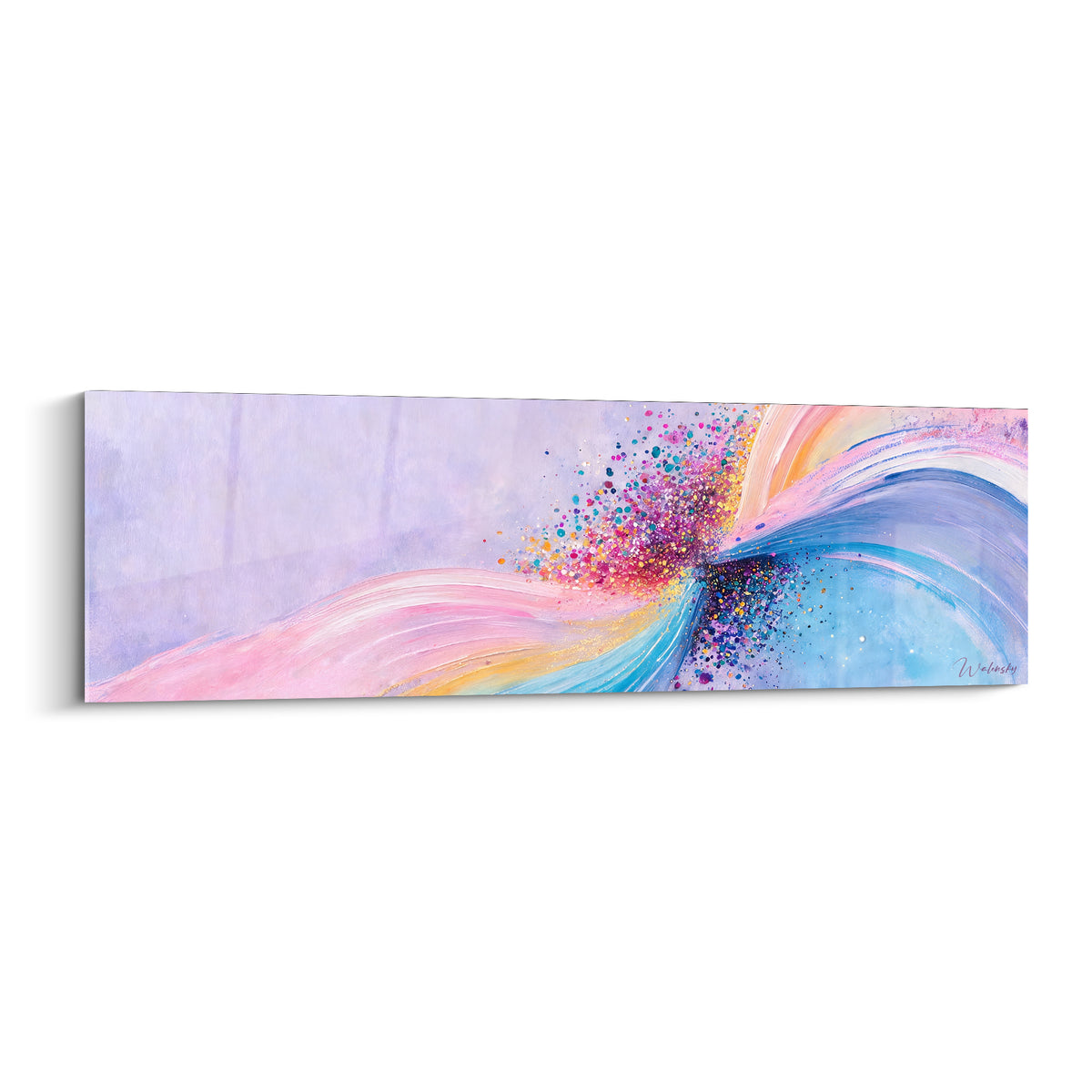 Tableau vague abstraite rose poudré et bleu azur éclatée de confettis multicolores sur fond lilas