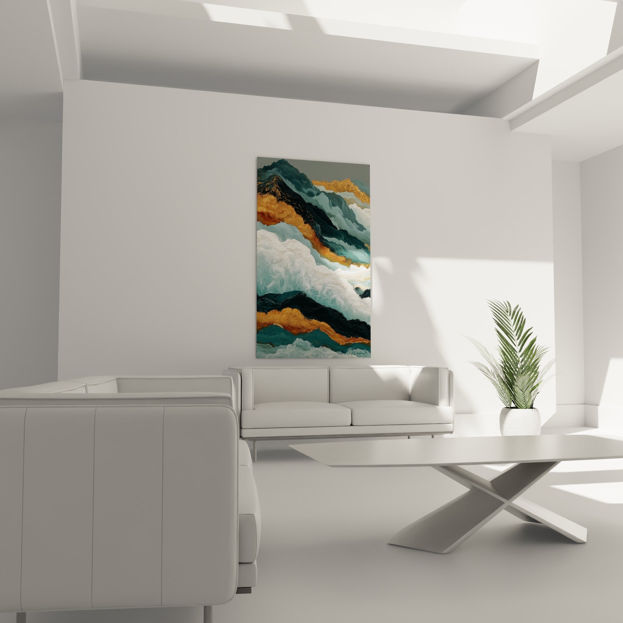 Vagues abstrait coloré anthracite et dorées, disposées au-dessus d'un canapé dans un salon lumineux