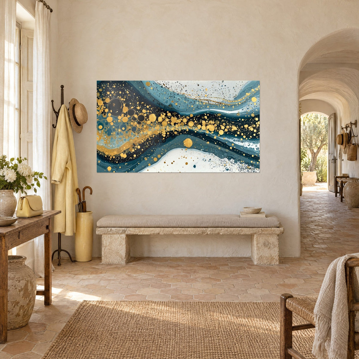 Tableau coulée acrylique sinueuse bleu pétrole et or, éclaboussures noires, sur mur crème près d'un banc en pierre
