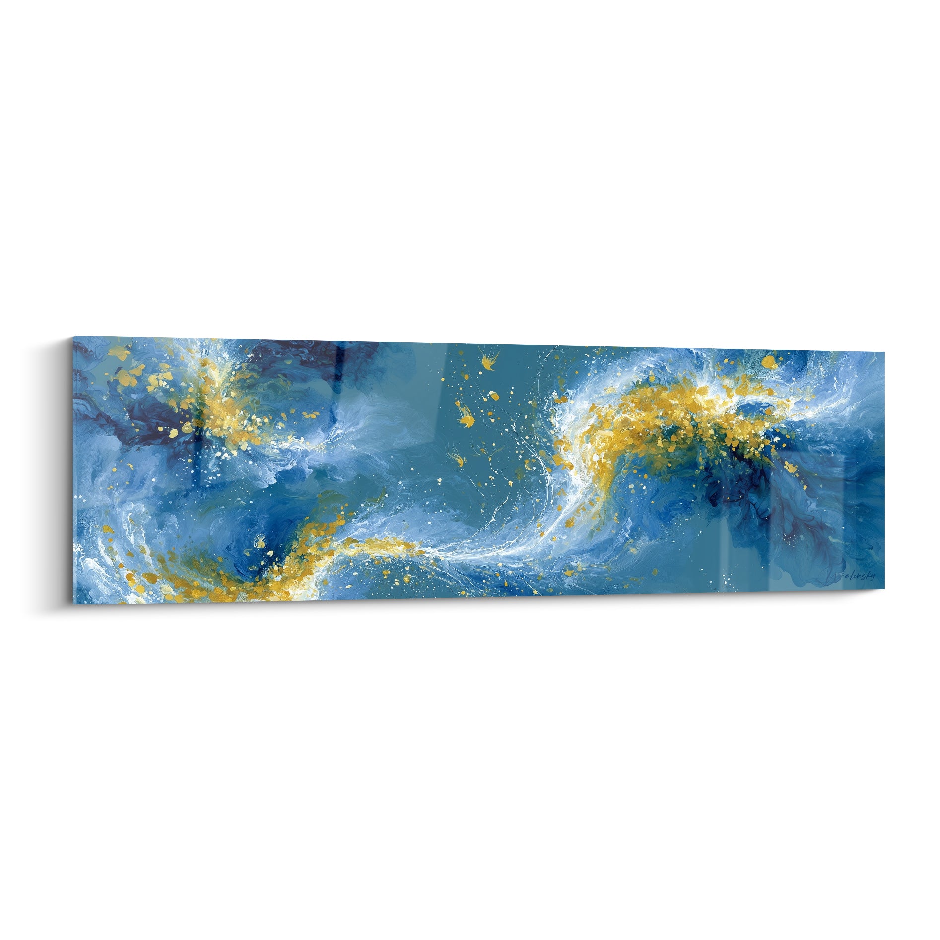Tourbillon Abstrait Coloré bleu marine et doré, vagues fluides et éclats jaunes vibrants