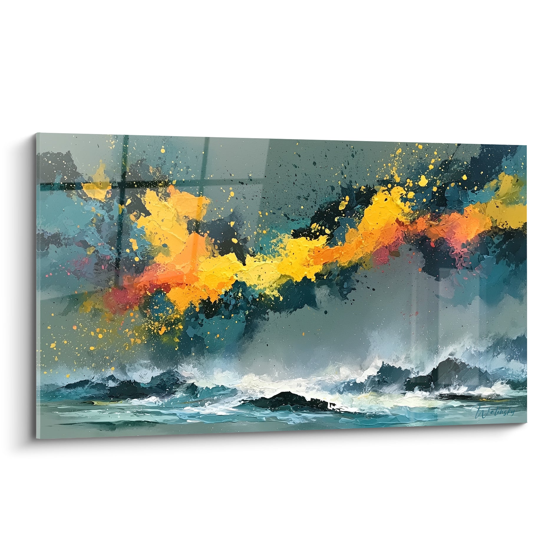 Vagues bleu pétrole et éclats jaunes se rencontrent dans ce tableau abstrait coloré aux textures marquées
