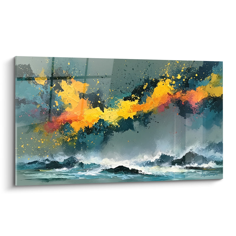 Tableau Vagues bleu pétrole aux éclats jaunes - Rupture des éléments - Edition Abstrait Coloré