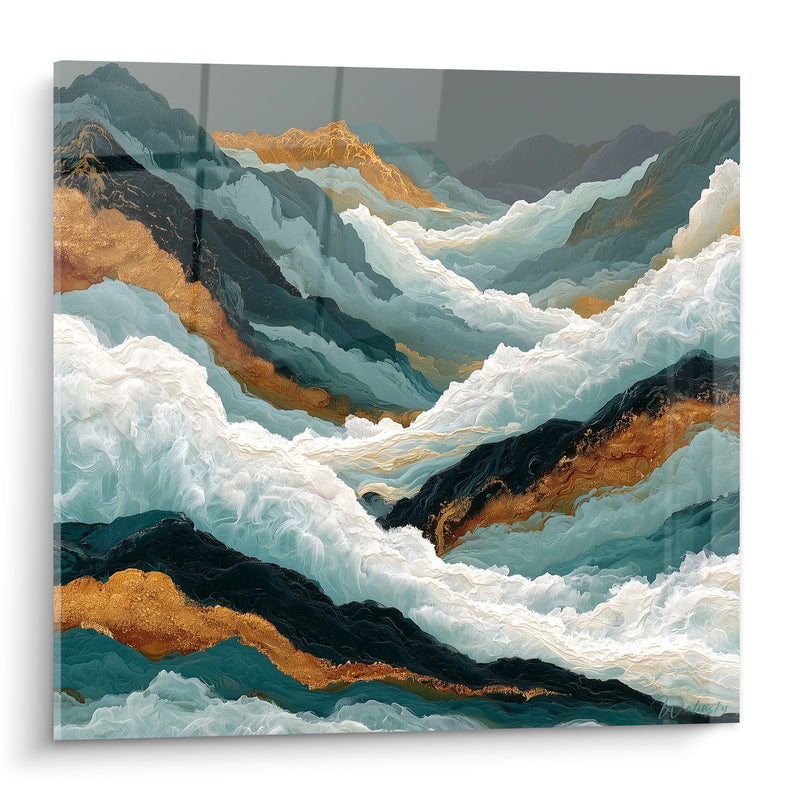 Tableau Vagues déferlantes bleu pétrole et doré - Tempête océanique - Edition Abstrait Coloré