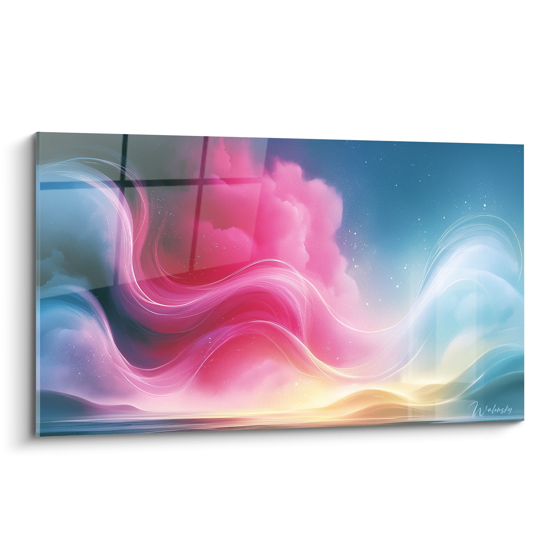 Vagues fluides rose vif et bleu nuit étoilé traversant un tableau Abstrait Coloré lumineux