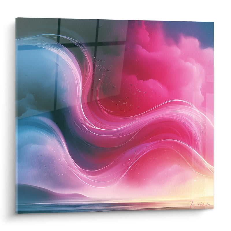 Tableau Vagues roses et bleues sur horizon nocturne - Songe céleste - Edition Abstrait Coloré