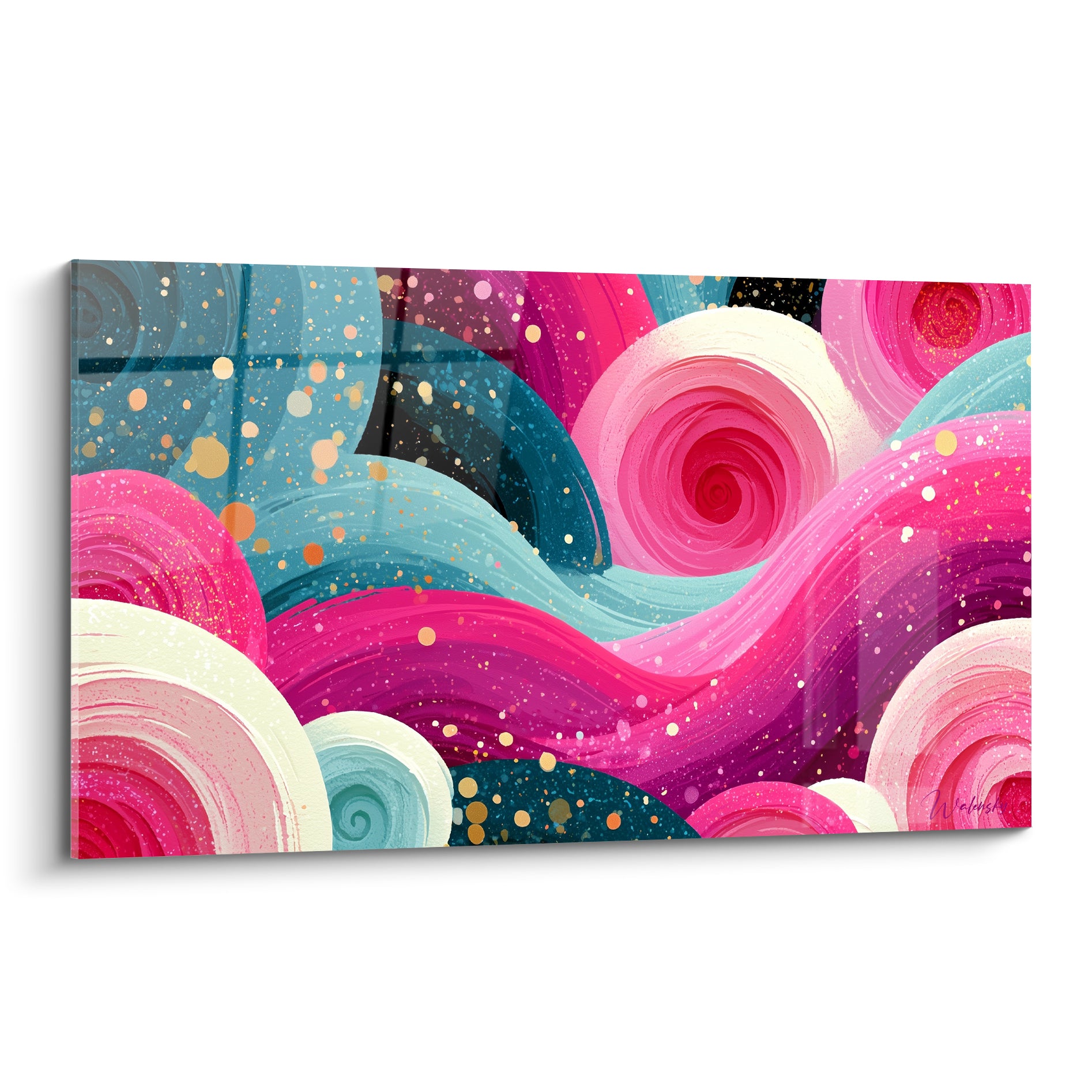 Vagues spiralées rose fuchsia et bleu sarcelle, touches ivoire et éclats dorés sur toile abstraite