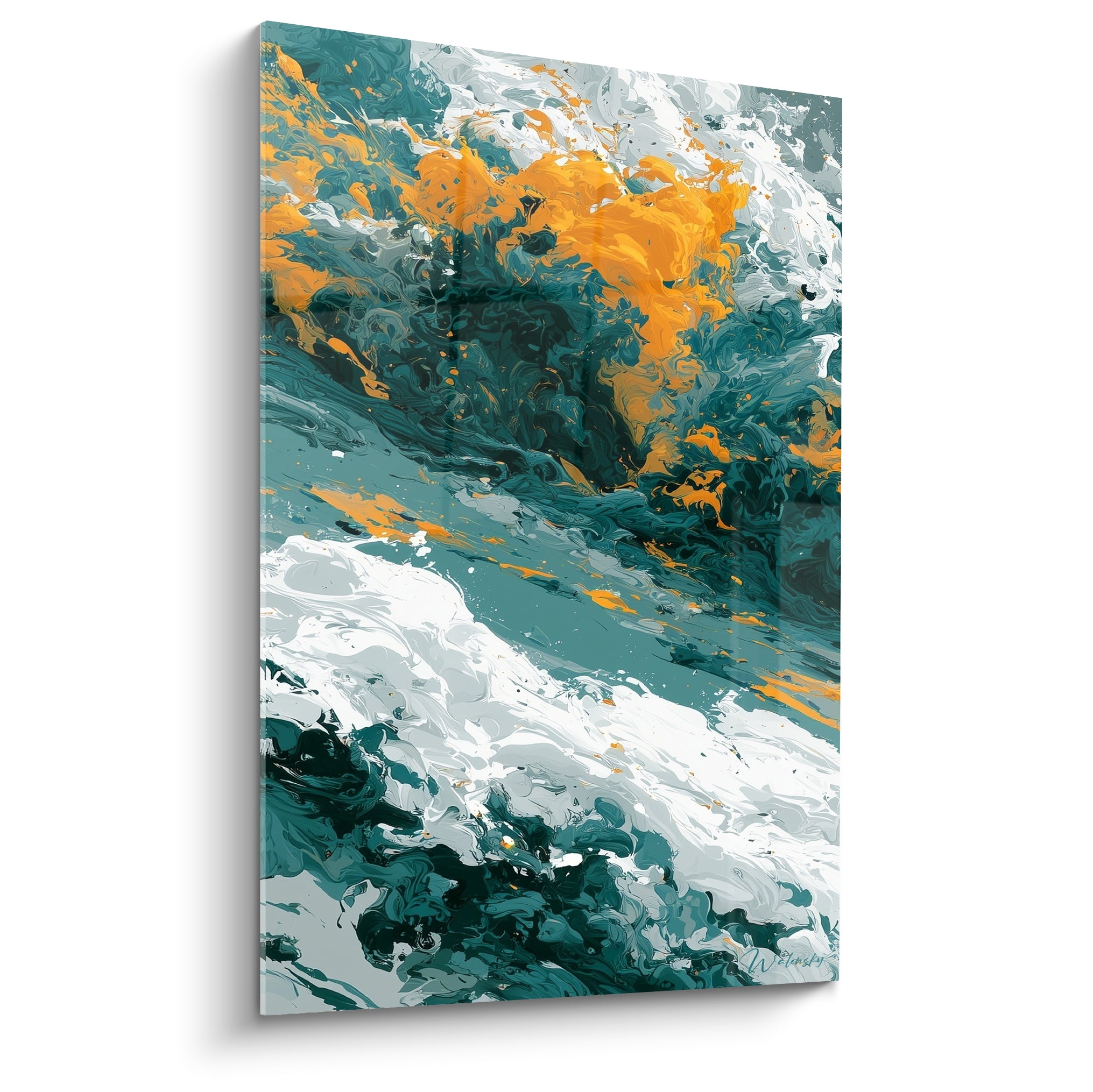Vagues abstraites en bleu sarcelle et orange vif, matière fluide et mouvementée sur toute la toile