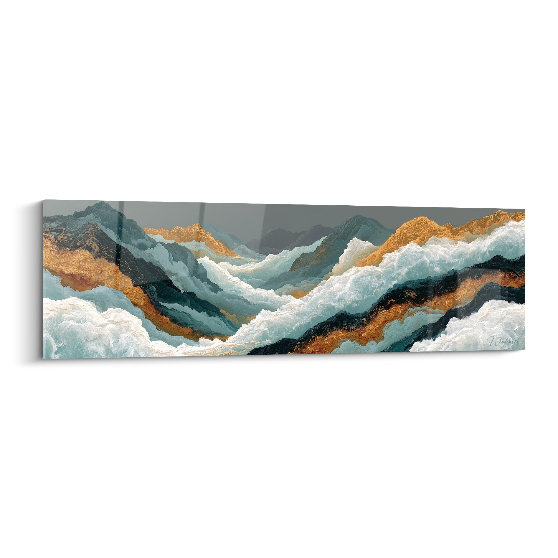 Vagues turquoise et dorées déferlantes sur fond gris, tableau Abstrait Coloré aux textures d'écume sculptées