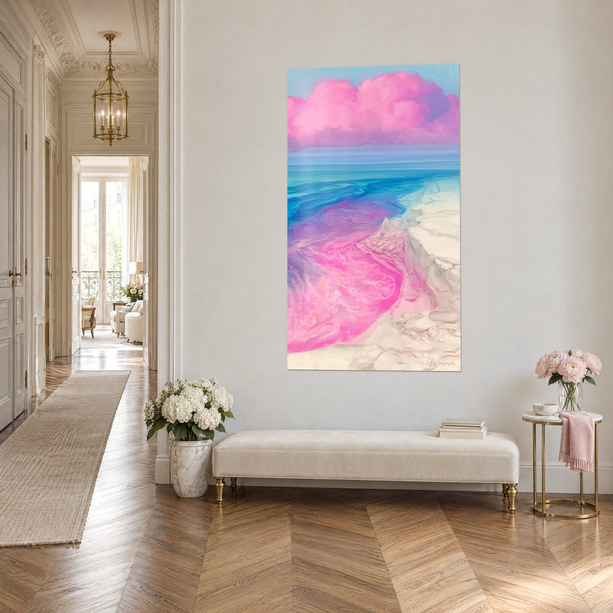 Tableau plage rose fluo et turquoise, sable crème marbré, nuage rose en haut, vue de trois-quarts dans un hall haussmannien