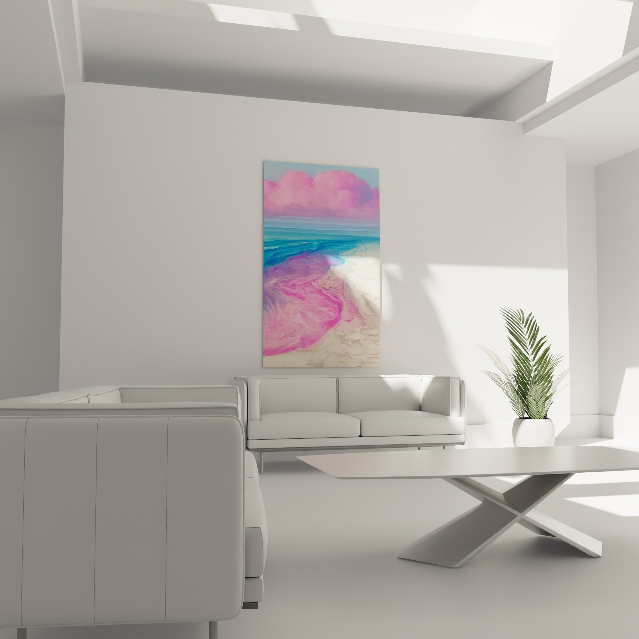 Tourbillons roses et bleus de l'Abstrait Coloré au-dessus d'un canapé dans un salon lumineux