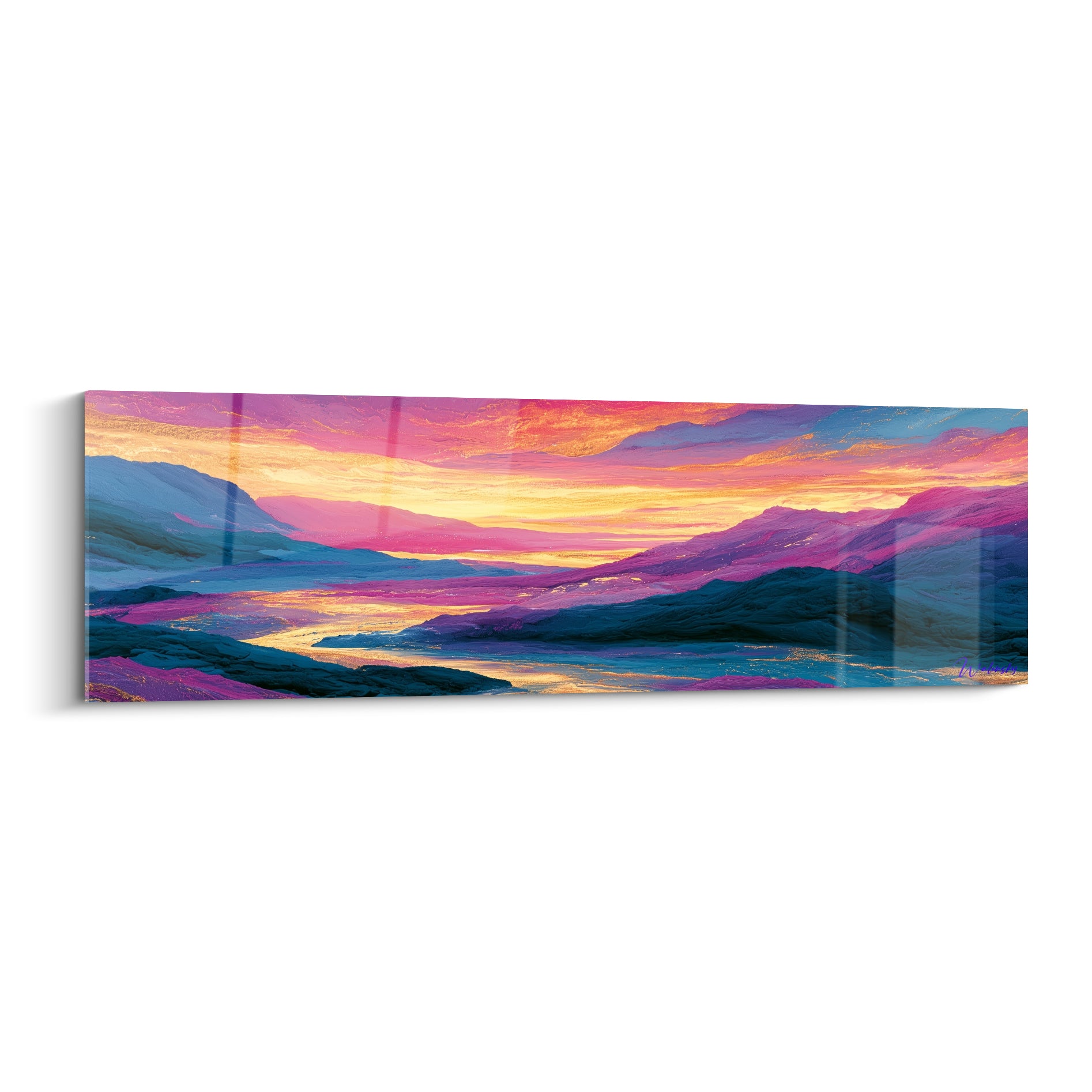 Vallée montagneuse dorée et violette, ciel rose en dégradé, empâtements picturaux visibles
