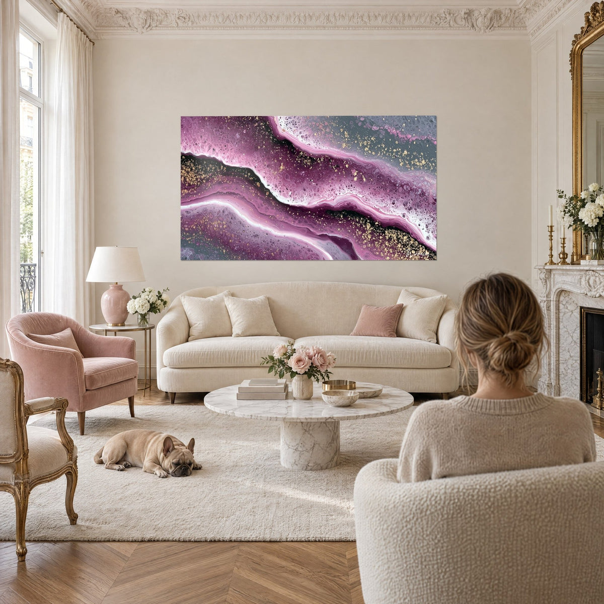 Tableau veines de marbre pourpre et paillettes dorées, coulée rose et blanche, au-dessus d'un canapé dans un salon lumineux