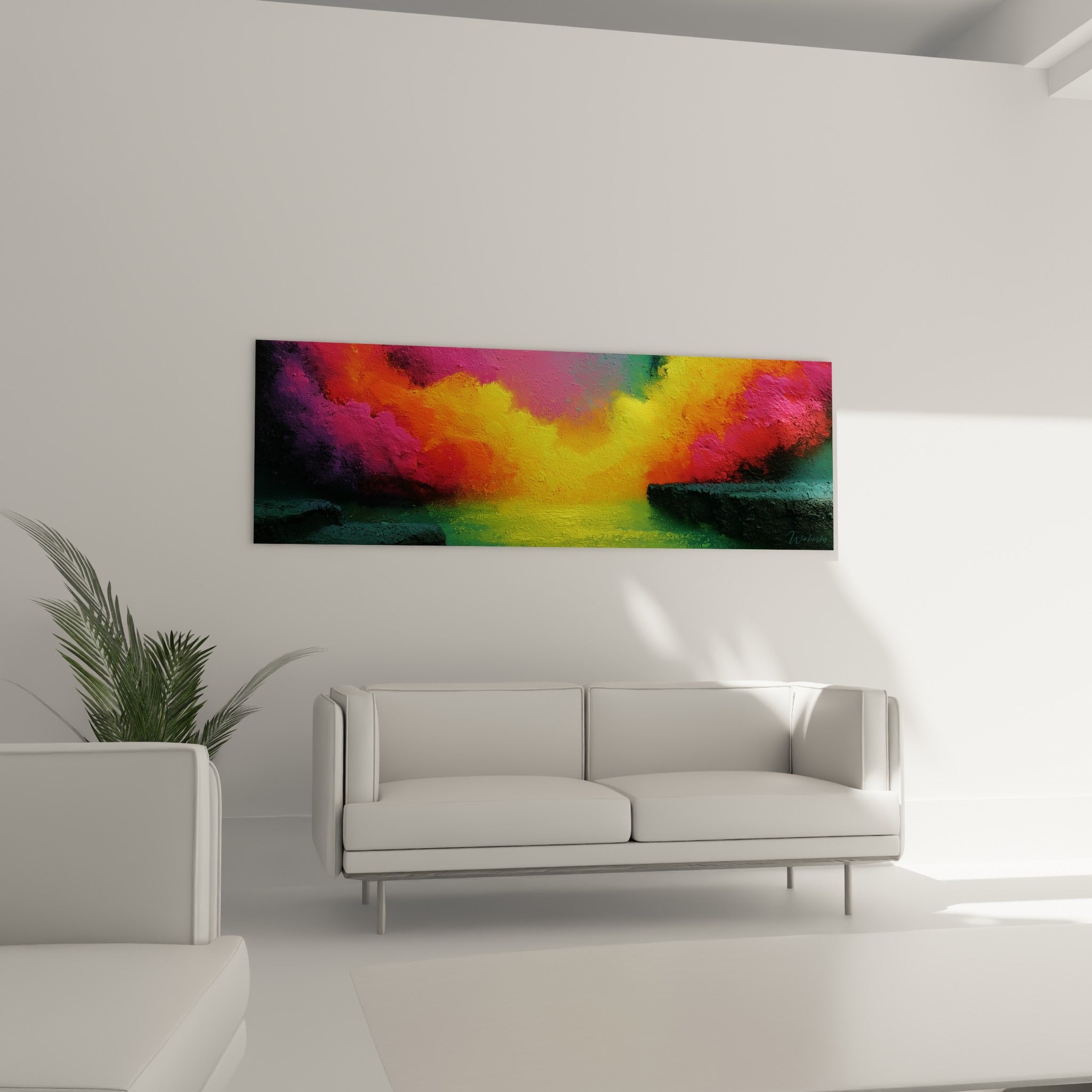 Vagues chromatiques jaune et magenta encadrées de vert sombre, tableau au-dessus d'un canapé dans un salon lumineux