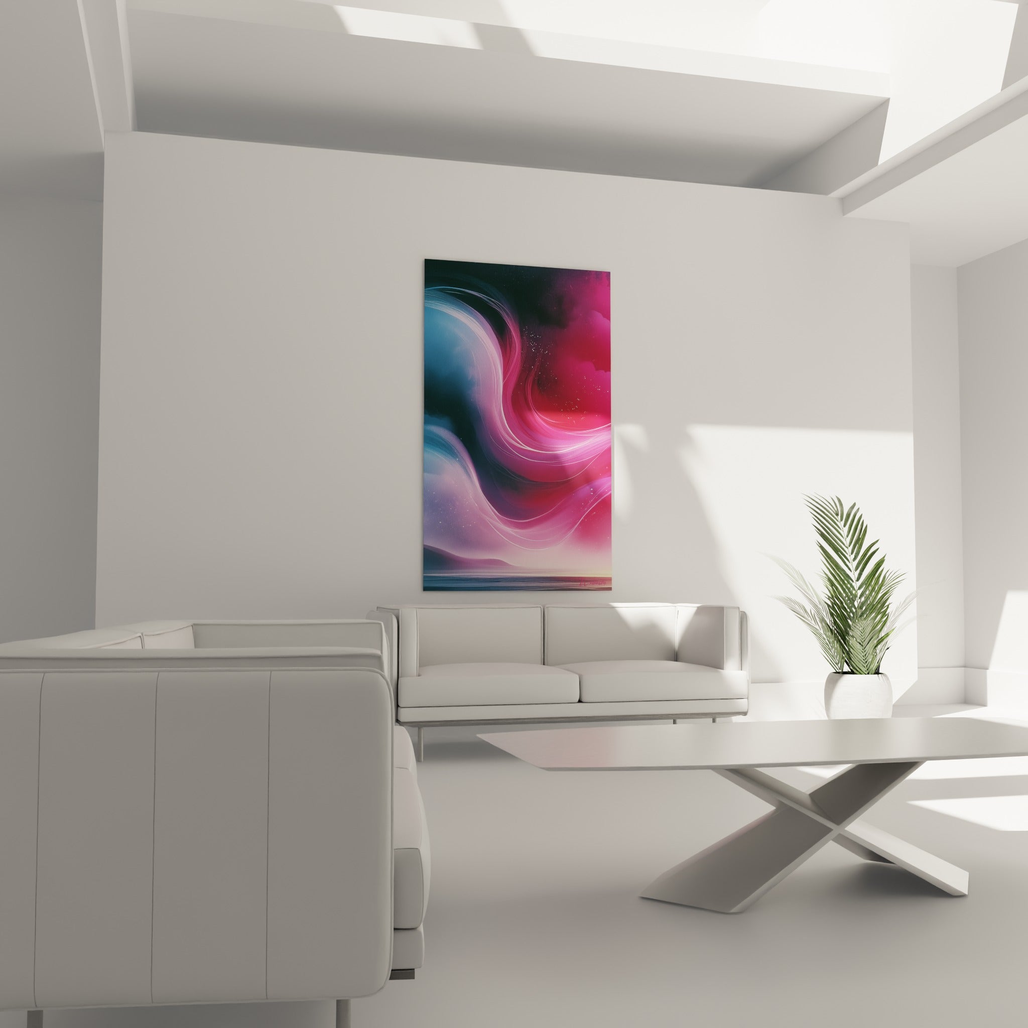 Traits lumineux rose et anthracite dansant sur cette toile, au-dessus d'un canapé dans un salon lumineux