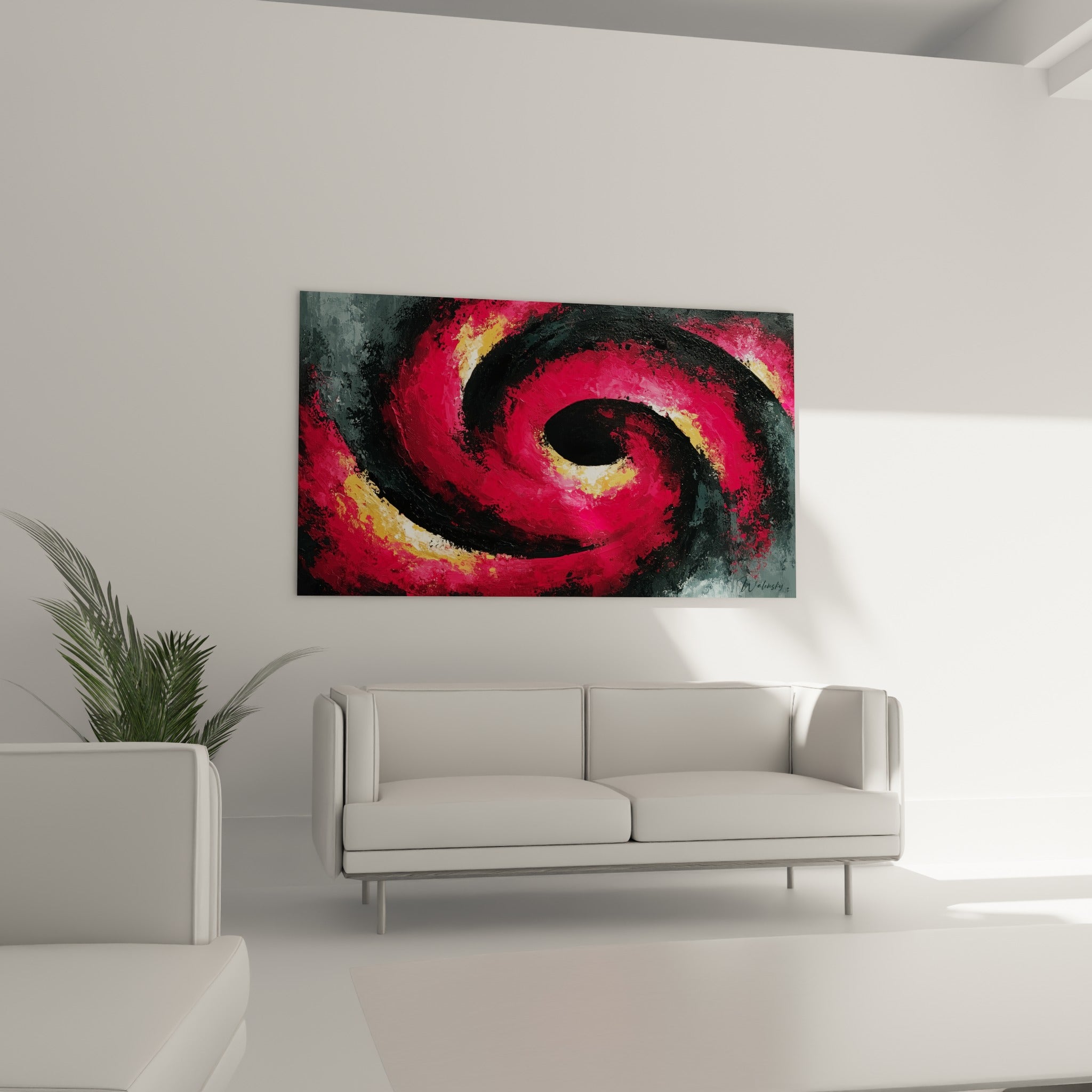 Vortex rouge anthracite aux reflets dorés positionné au-dessus d'un canapé dans un salon lumineux