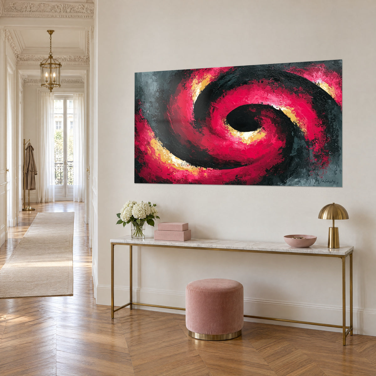 Wall art purple spiral with anthracite eddies, ochre yellow and cream touches, on a beige wall of a Haussmann-style entrance