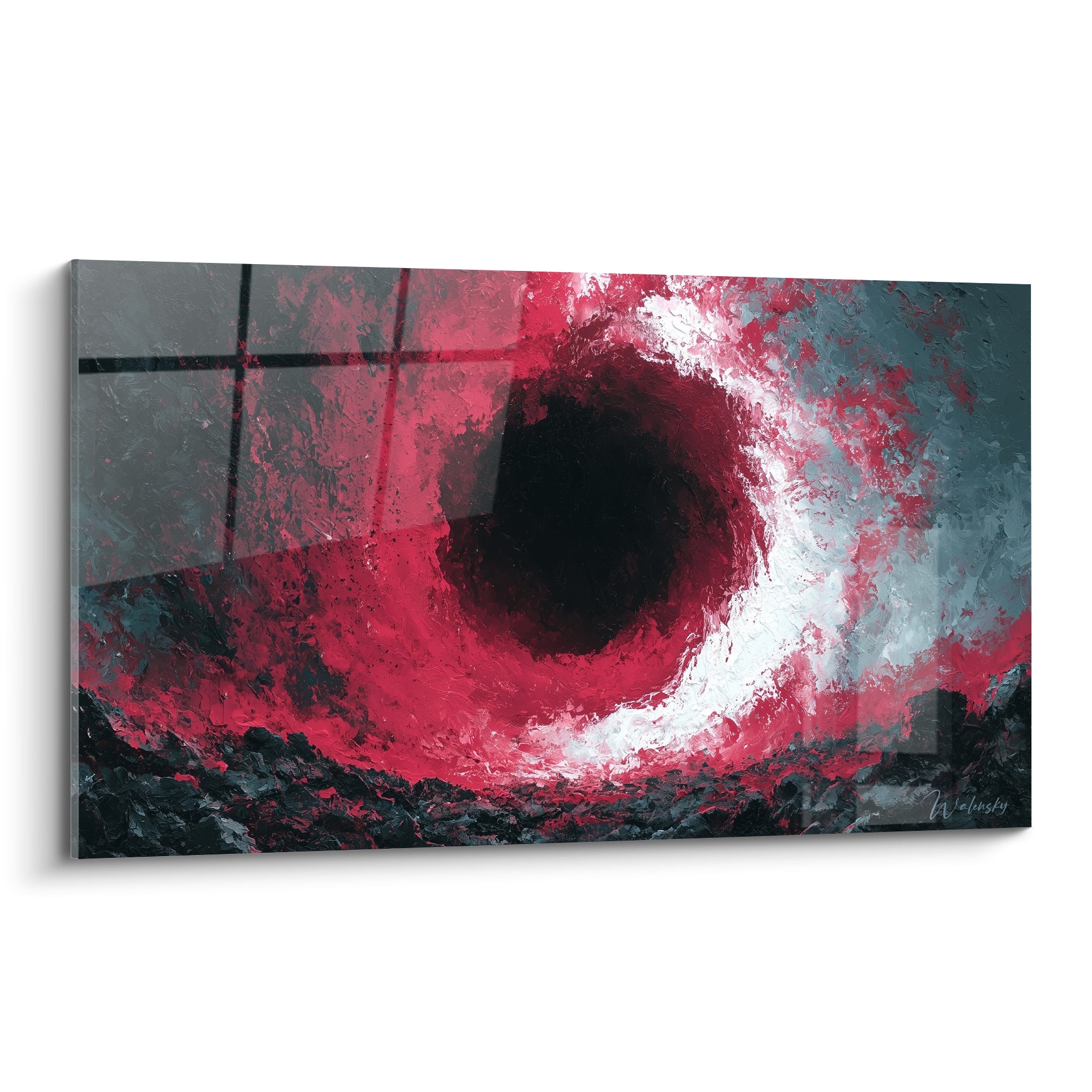 Vortex noir cerclé de rouge écarlate et blanc lumineux, peinture texturée en spirale intense