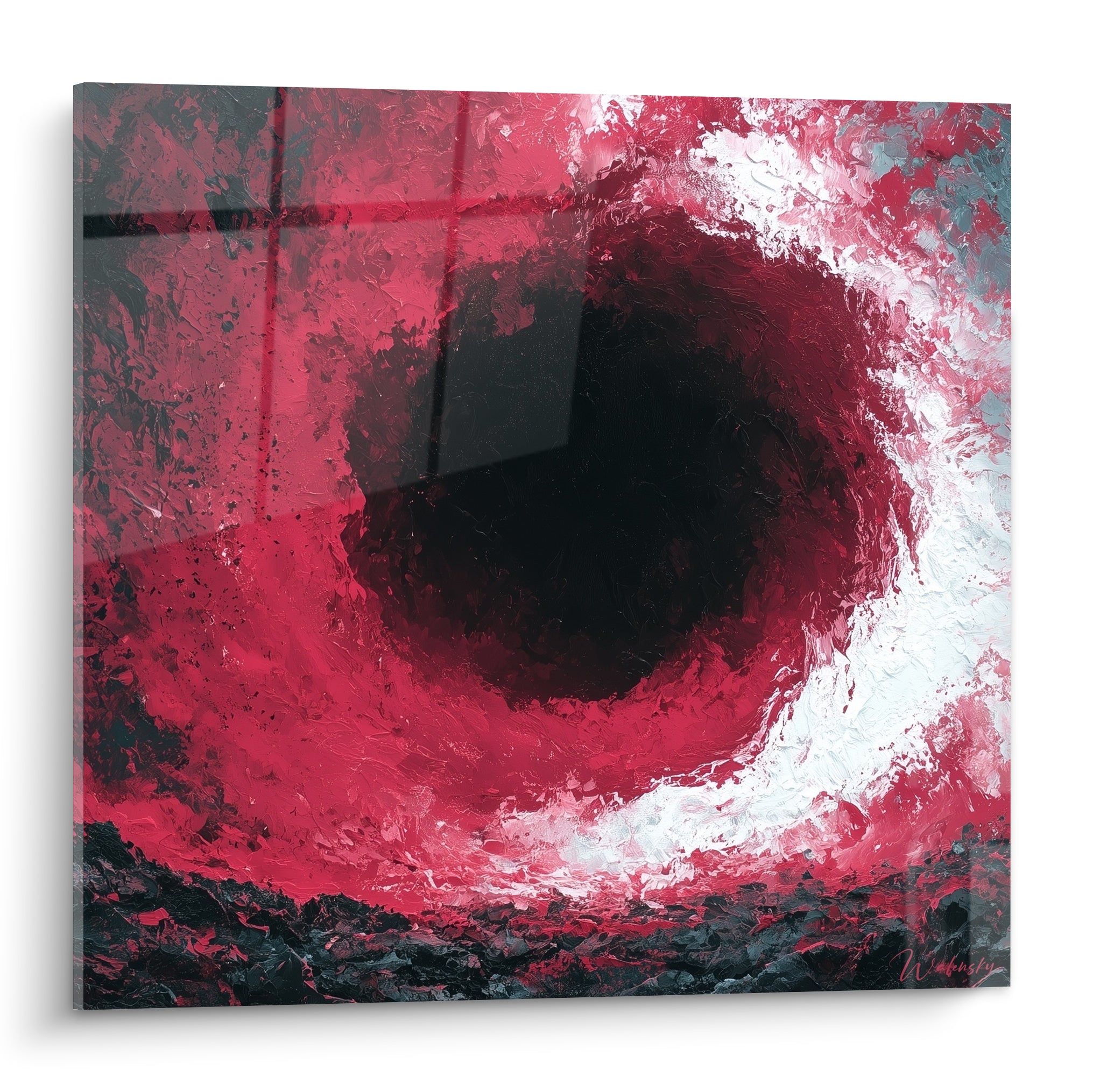 Spirale rouge bordeaux et noir profond en tourbillon, empâtements texturés sur fond blanc éclatant