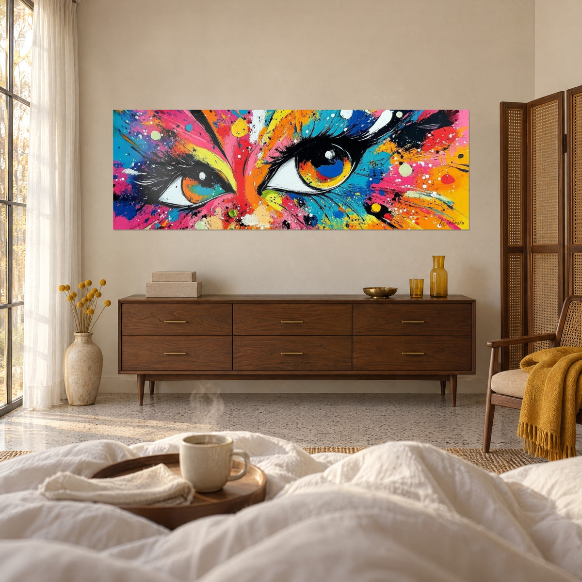 Cuadro con un rostro abstracto de grandes ojos perfilados en negro, plumas rosas y azules, destellos naranjas, sobre una cama en un dormitorio luminoso