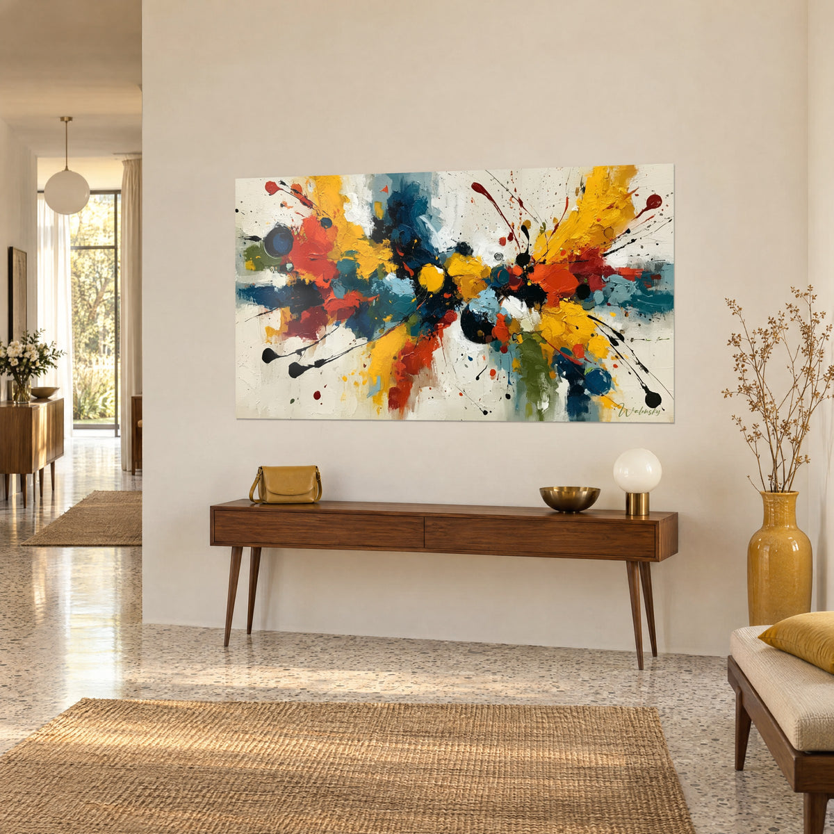 Tableau explosion de peinture orange et jaune sur fond crème, boules noires, vue de trois-quarts au-dessus d'une console en bois