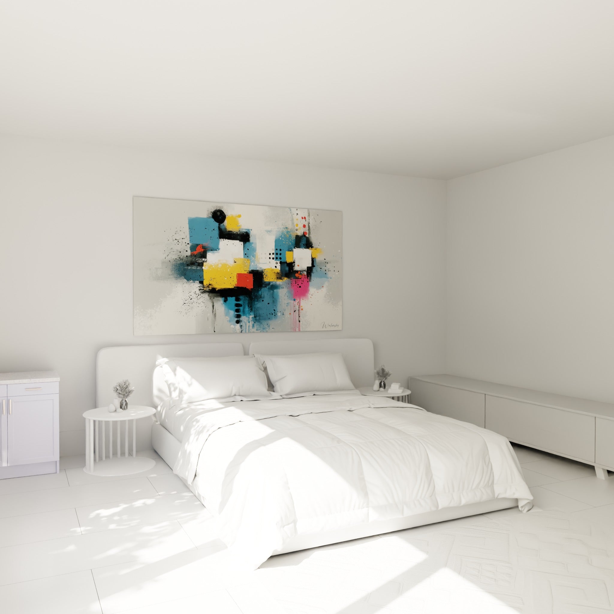 Blocs bleu marine et jaune moutarde superposés au-dessus d'un lit dans une chambre claire
