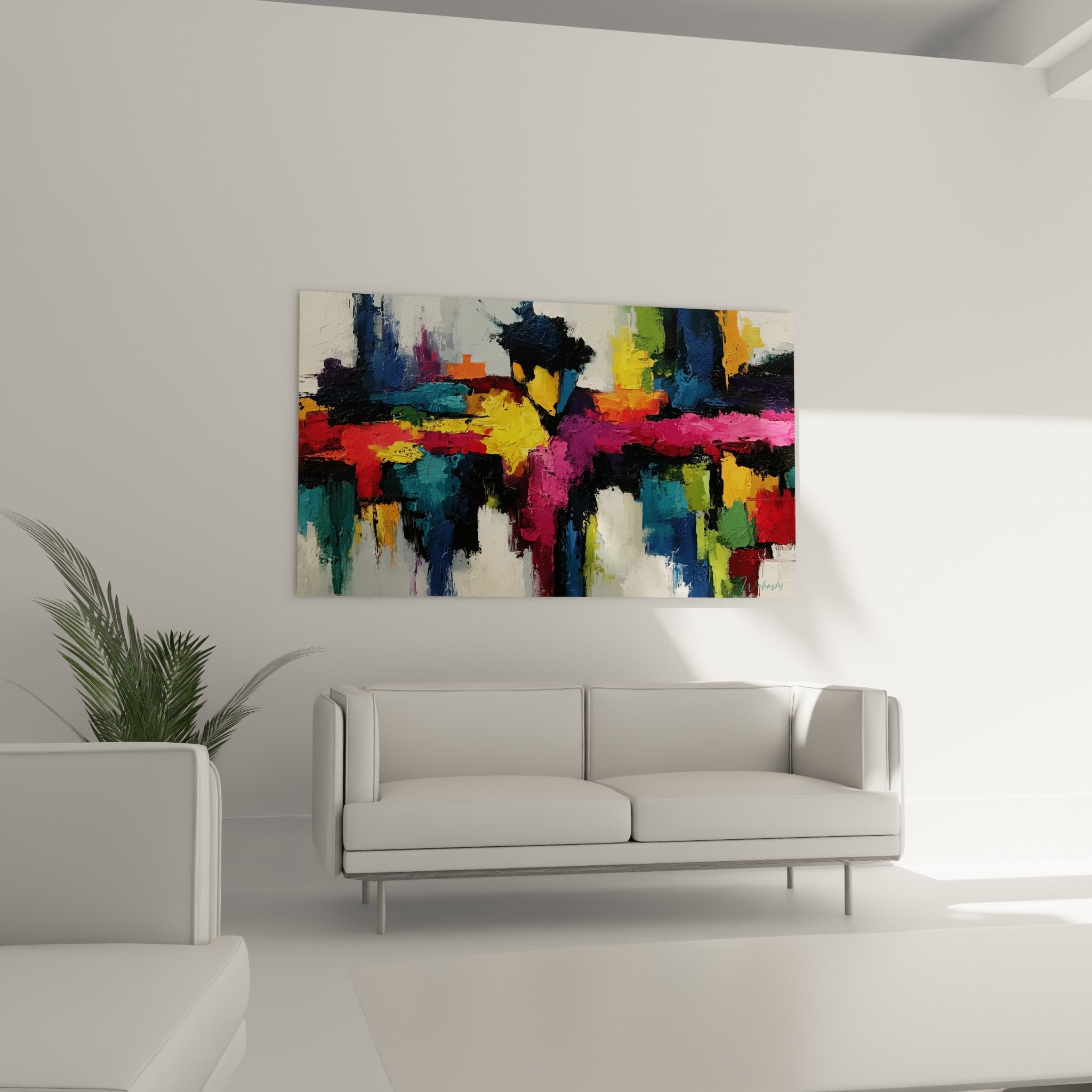 Composition urbaine en orange et bleu marine style Peinture abstrait au-dessus d'un canapé dans un salon lumineux