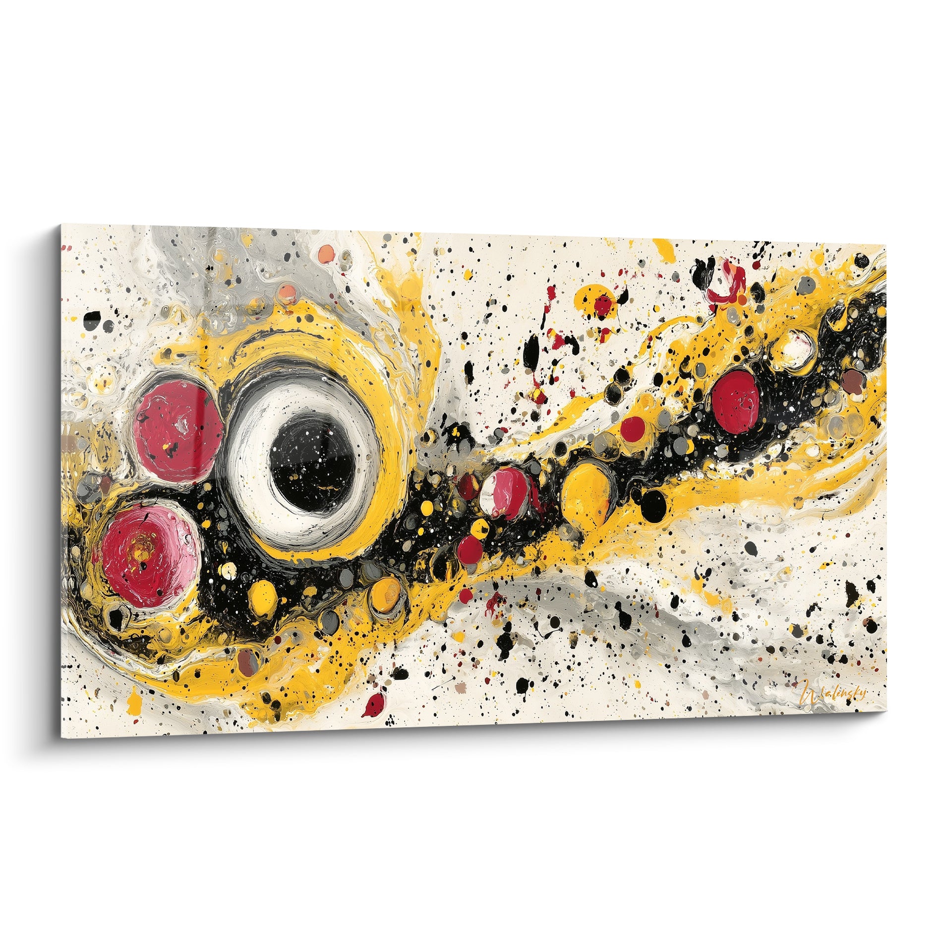 Constellation dorée aux cercles rouge cerise et noir sur fond ivoire, tableau style Peinture abstrait