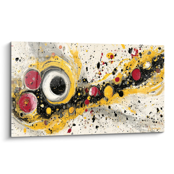 Tableau Sphères jaune et rouge en constellation - Traînée d'éclaboussures noires - Edition style Peinture abstrait