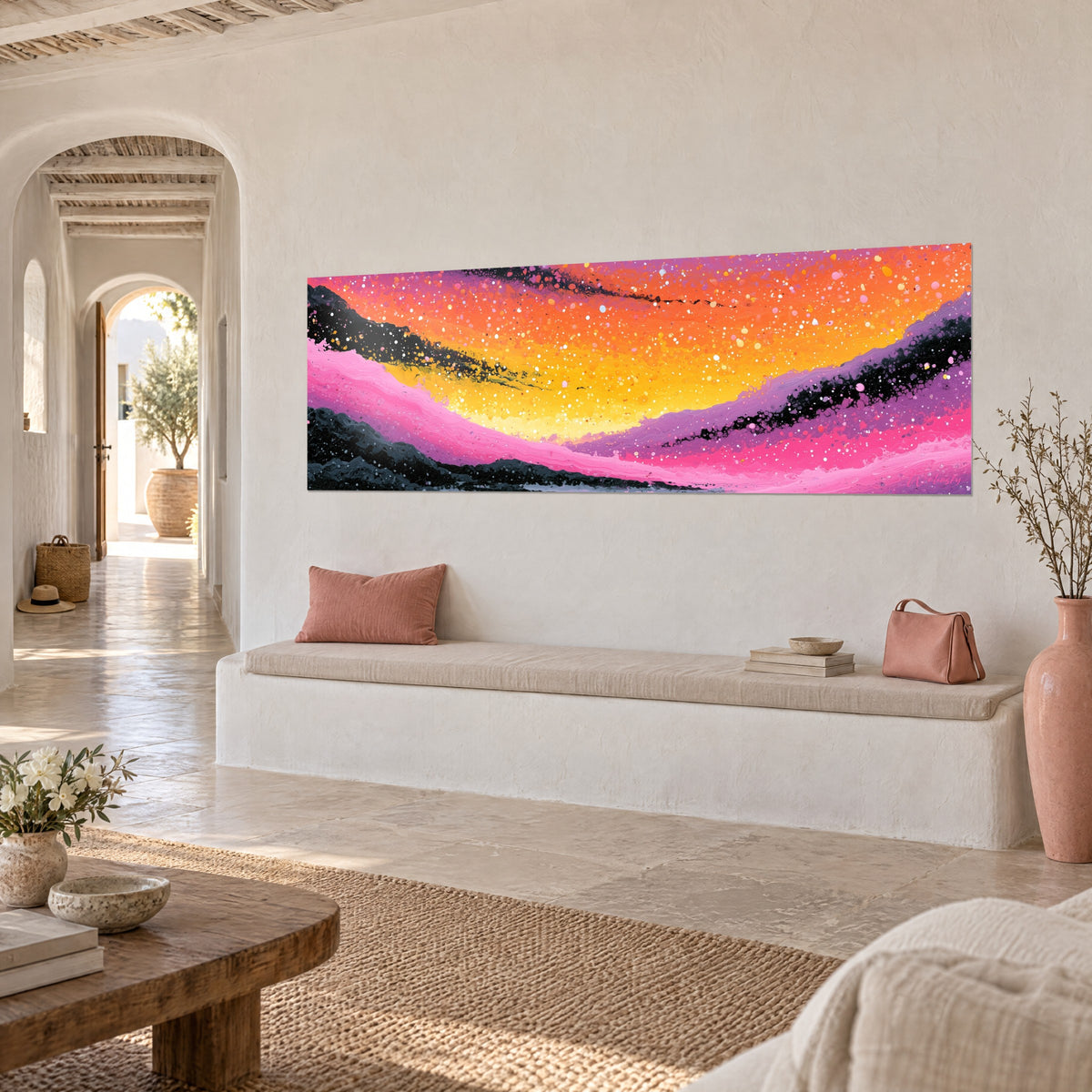 Wall art abstract sky in sun yellow and fuchsia, white splashes, black crests, whitewashed wall of a Mediterranean home