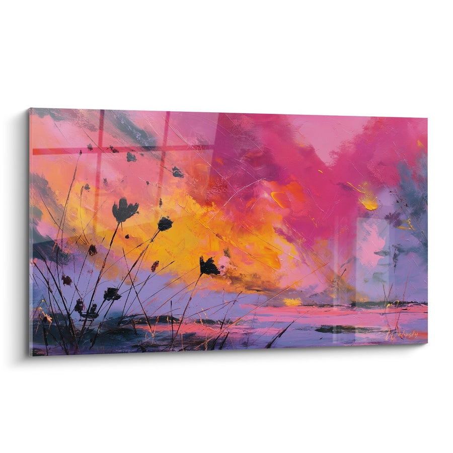 Tableau paysage abstrait coucher de soleil rose magenta orange avec herbes sauvages - Lumières Célestes - Edition Feng shui Sud-Ouest Terre