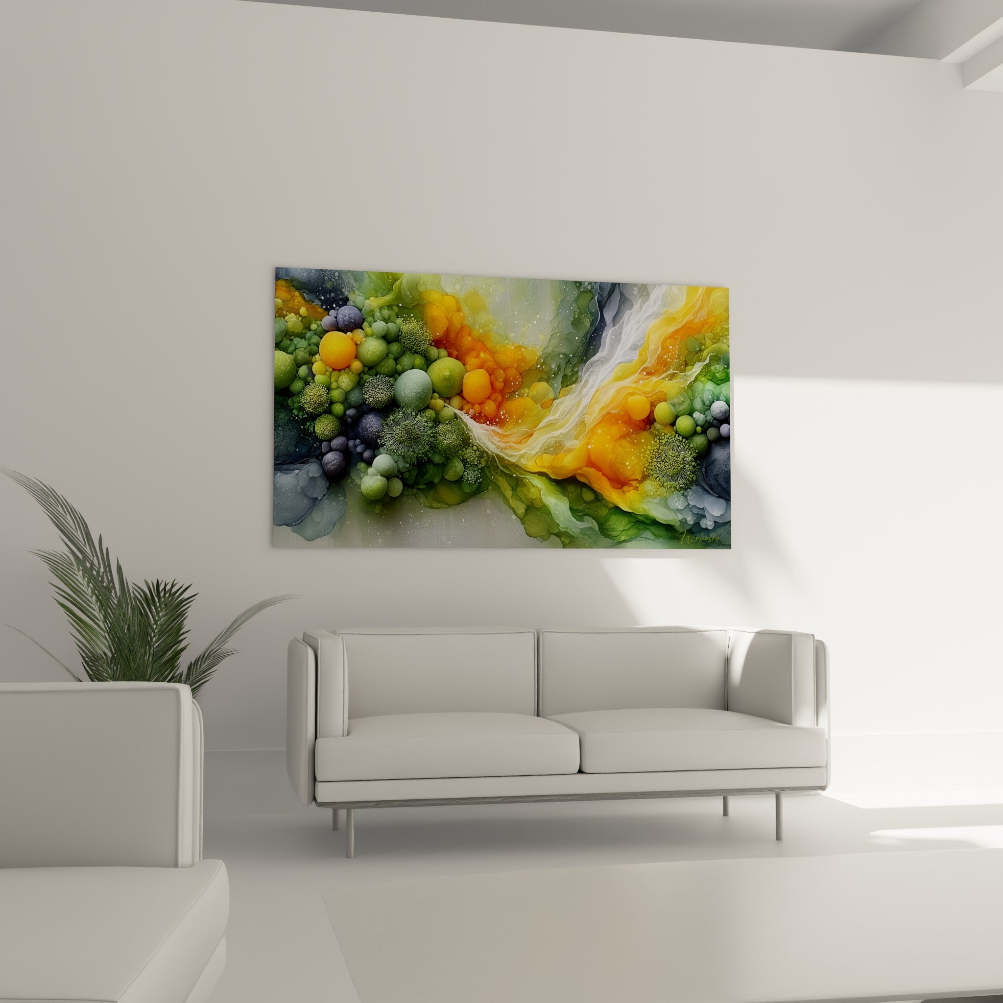 Coulée dorée traversant des sphères anthracite et vertes, tableau suspendu au-dessus d'un canapé dans un salon lumineux