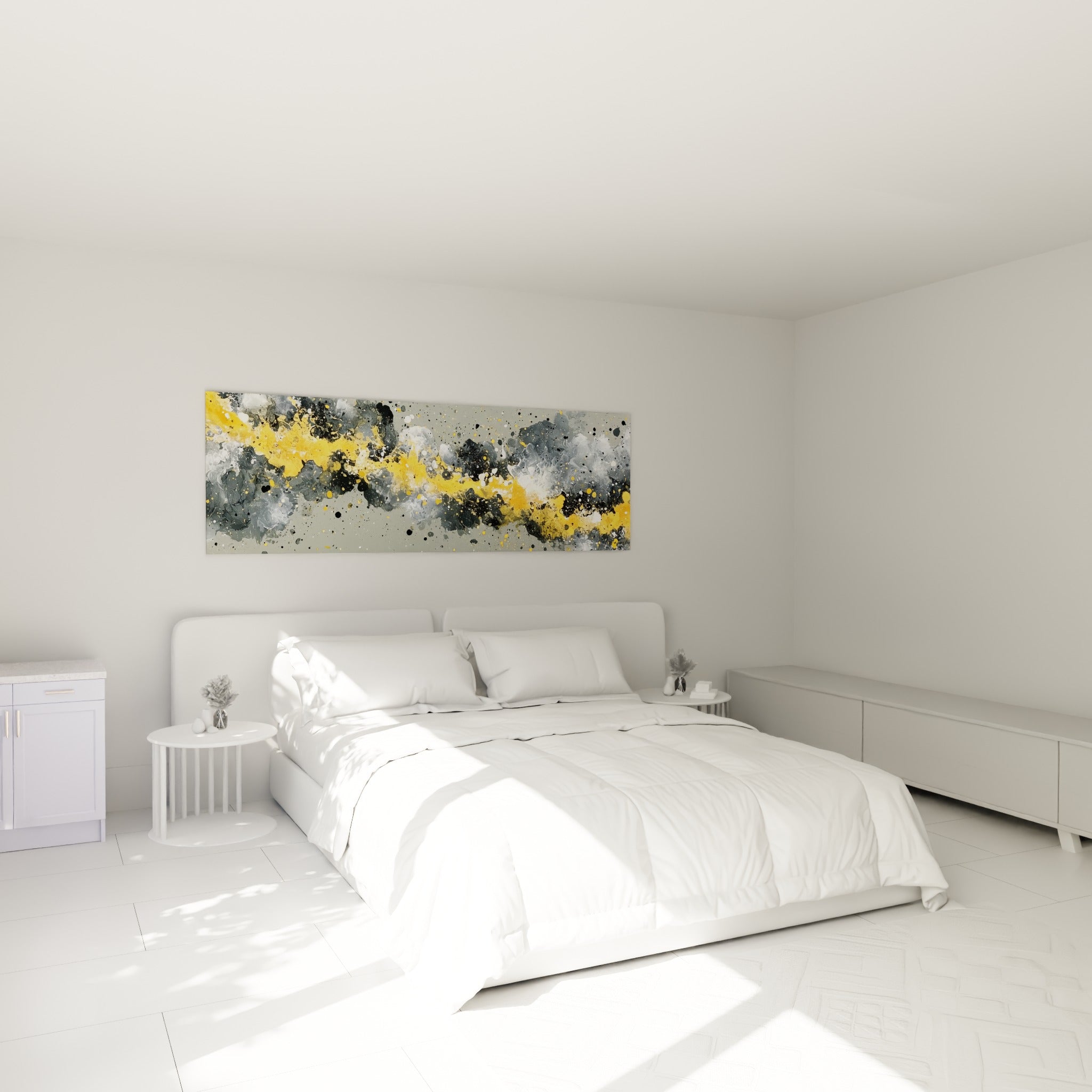 Coulée jaune doré serpentant dans un chaos gris et noir, accrochée au-dessus d'un lit dans une chambre claire