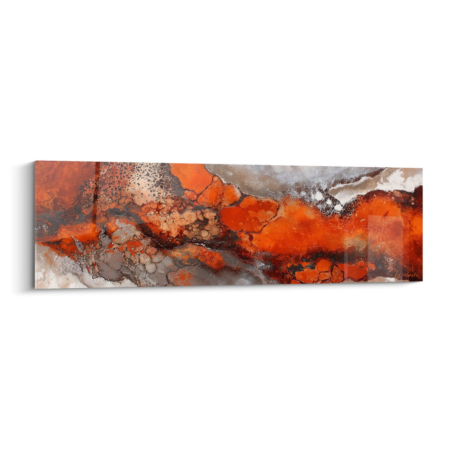 Tableau abstrait coulées orange et terre brûlée avec textures granulées - Magma terrestre - Edition Feng shui Centre Terre