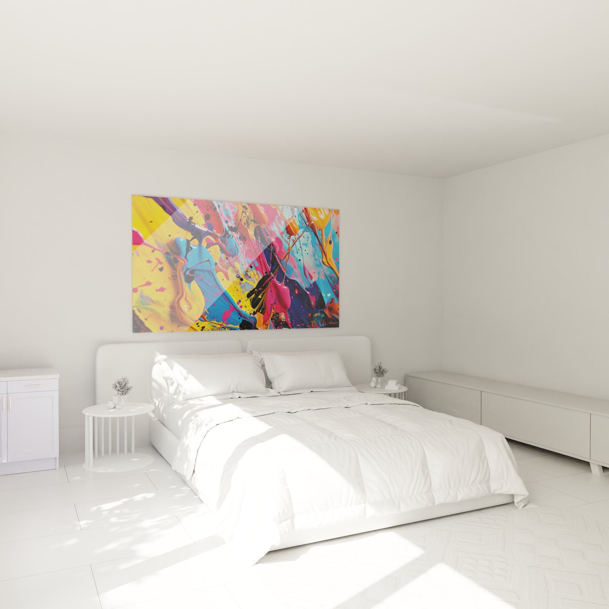 Tableau explosion couleurs abstrait décorant une chambre moderne au style contemporain