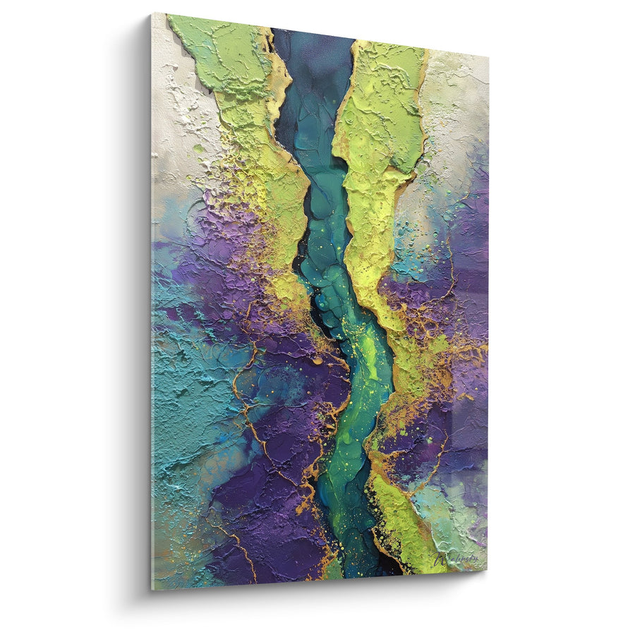 Tableau abstrait aux couleurs vives et textures dorées - Rivière Céleste - Edition Feng shui Sud-Est Bois
