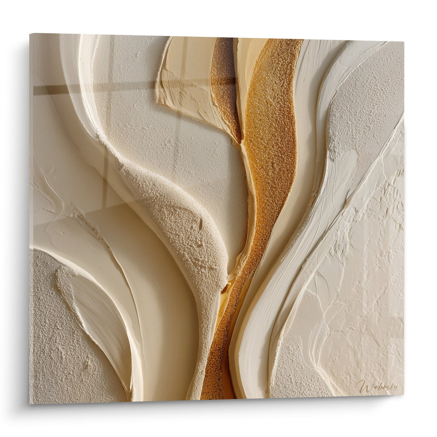 Tableau abstrait coulures beiges et dorées aux textures organiques - Harmonie Terrestre - Edition Feng shui Centre Terre