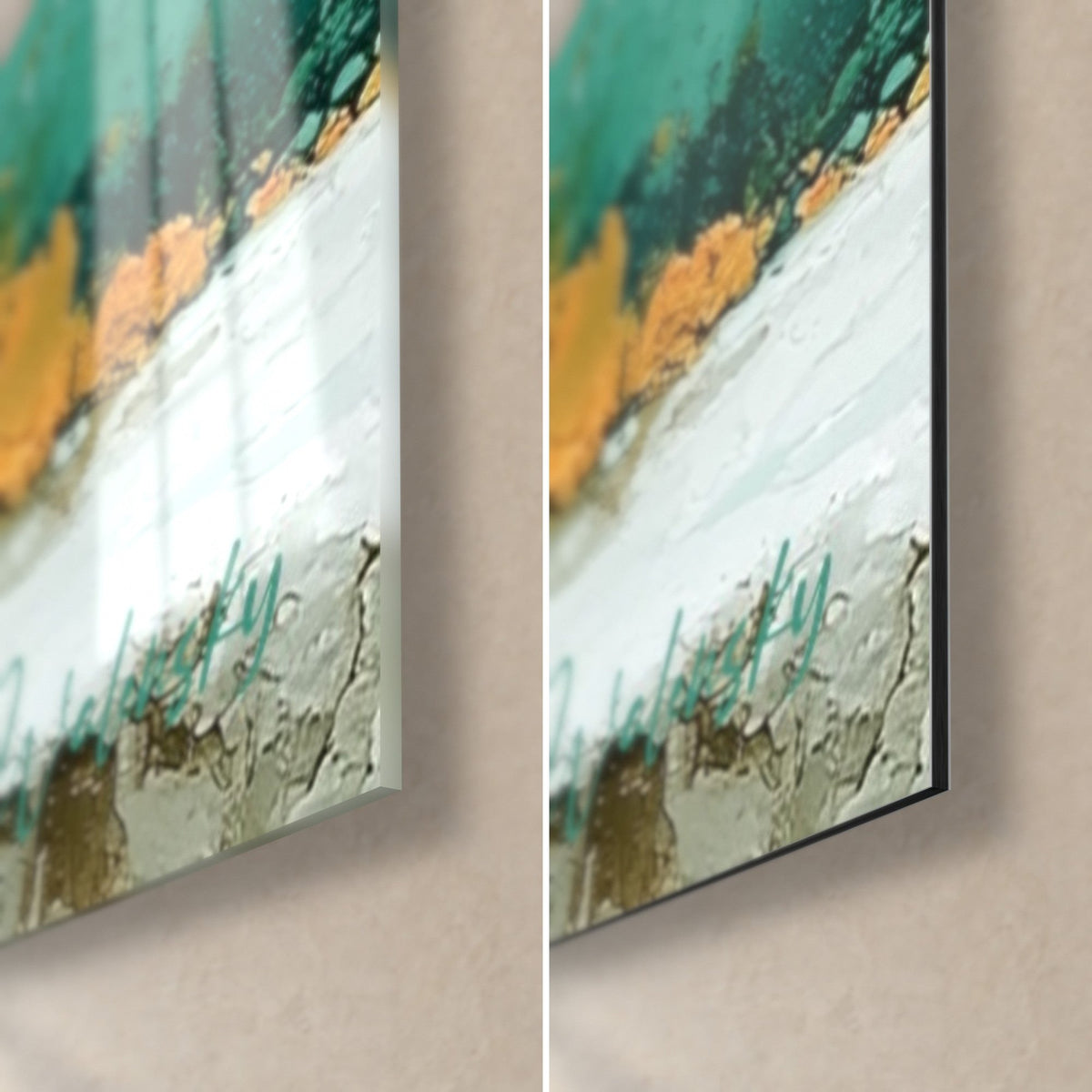 Wall art teal and orange abstract painting, bottom right corner: glossy glass with reflections, matt black Dibond, 3 mm edge