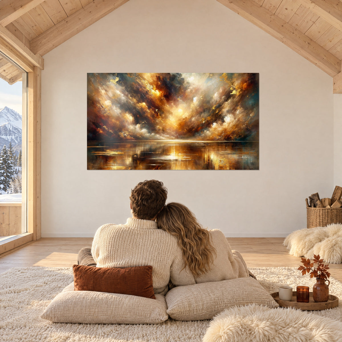 Quadro cielo di tempesta in fiamme con bagliori d'oro e marrone profondo, coppia abbracciata di spalle su cuscini, chalet in legno biondo