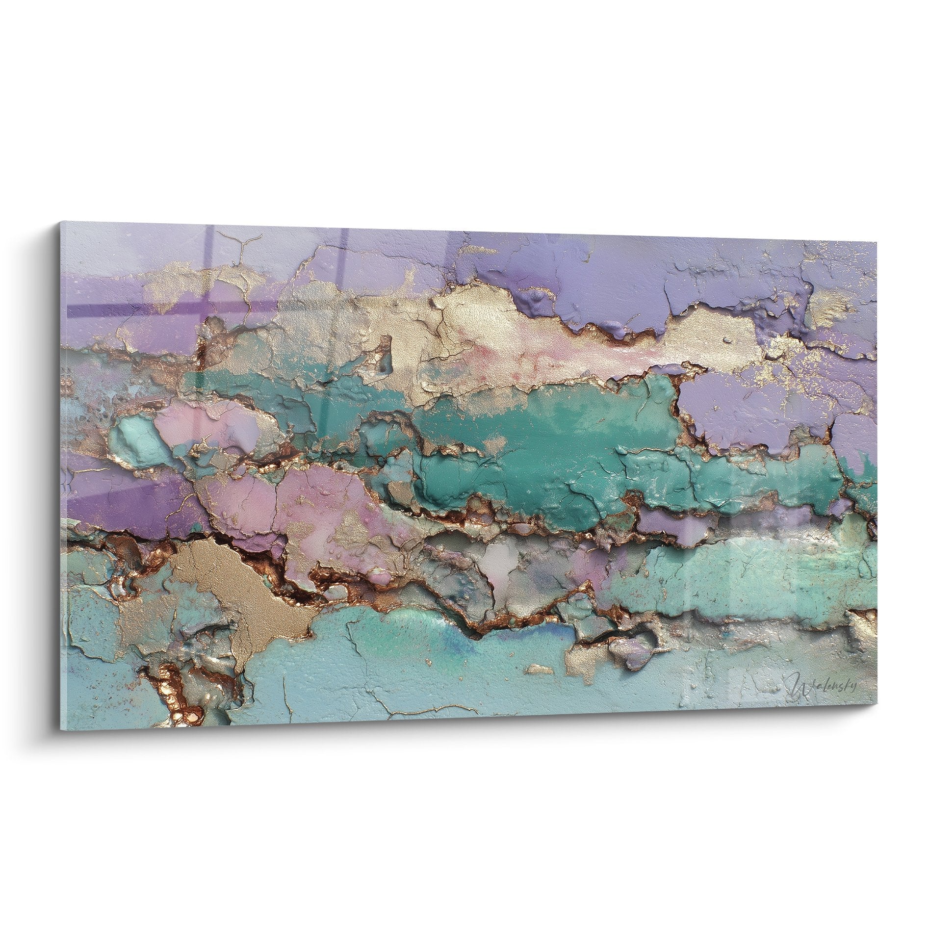 Abstract textured cracked turquoise violet gold artwork southeast feng shui wood edition