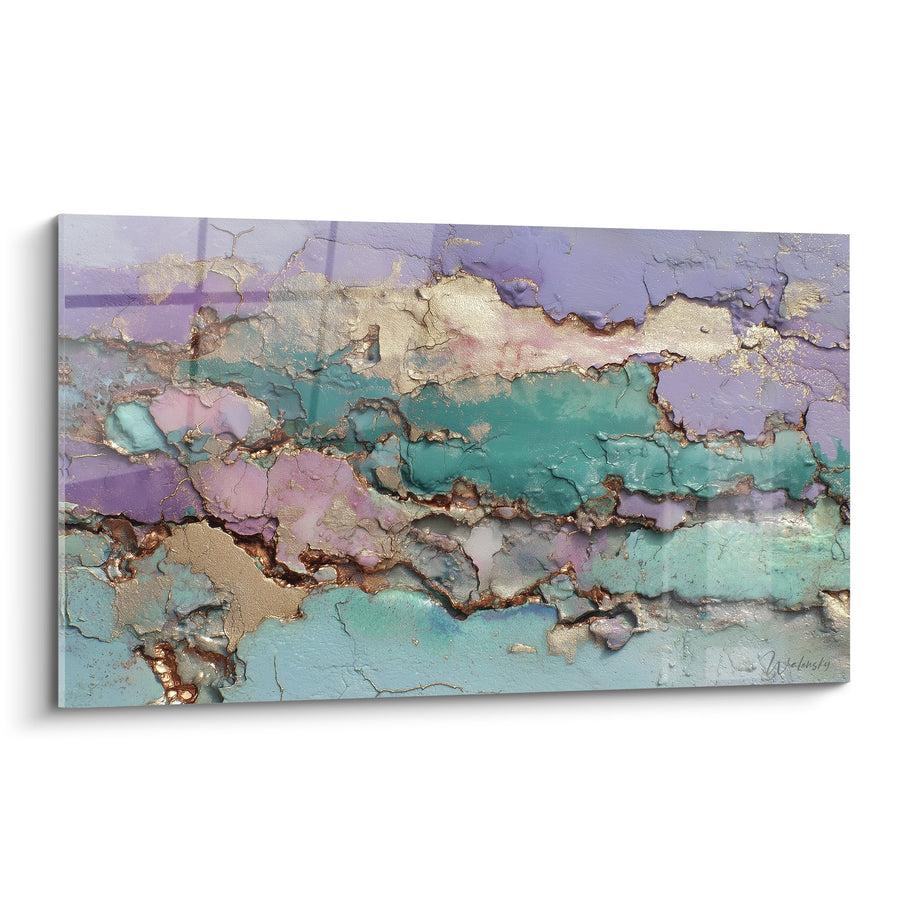Tableau abstrait craquelé turquoise violet et doré - Harmonie cristalline - Edition Feng shui Sud-Est Bois