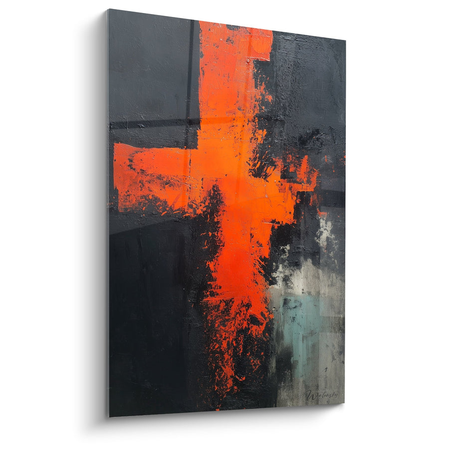 Tableau abstrait croix orange sur fond gris anthracite - Éclat de passion - Edition Feng shui Sud Feu