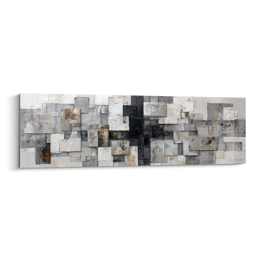 Tableau composition abstraite de cubes texturés gris, blancs et ocres - Harmonie géométrique - Edition Feng shui Nord-Ouest Métal