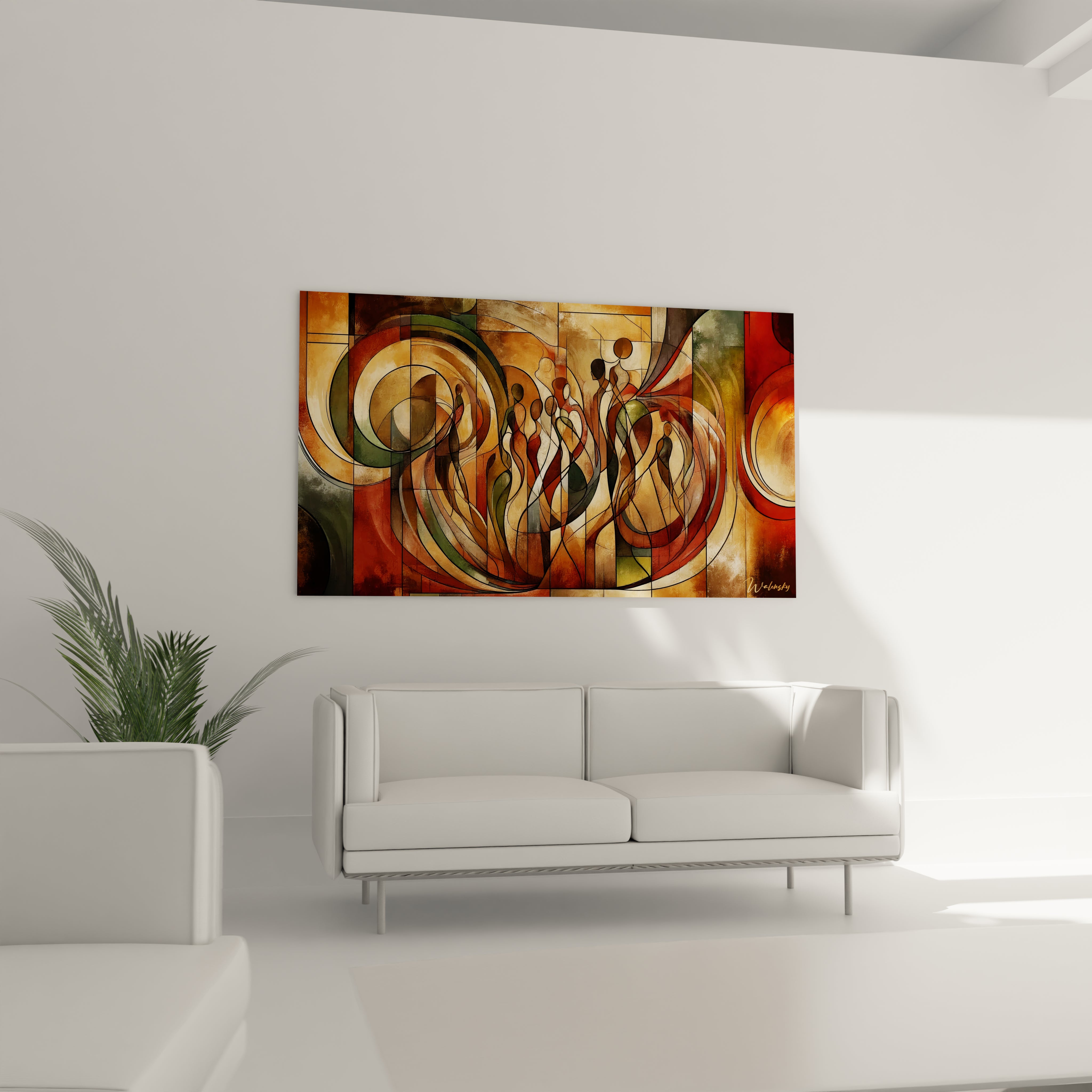 Un tableau abstrait de personnages schématiques et formes circulaires. Les couleurs principales sont terre de Sienne, ocre doré, vert sauge et beige. La texture montre des zones colorées compartimentées par des lignes noires, avec des effets de superposition et de translucidité créant un rythme visuel entre les cercles et les silhouettes.
