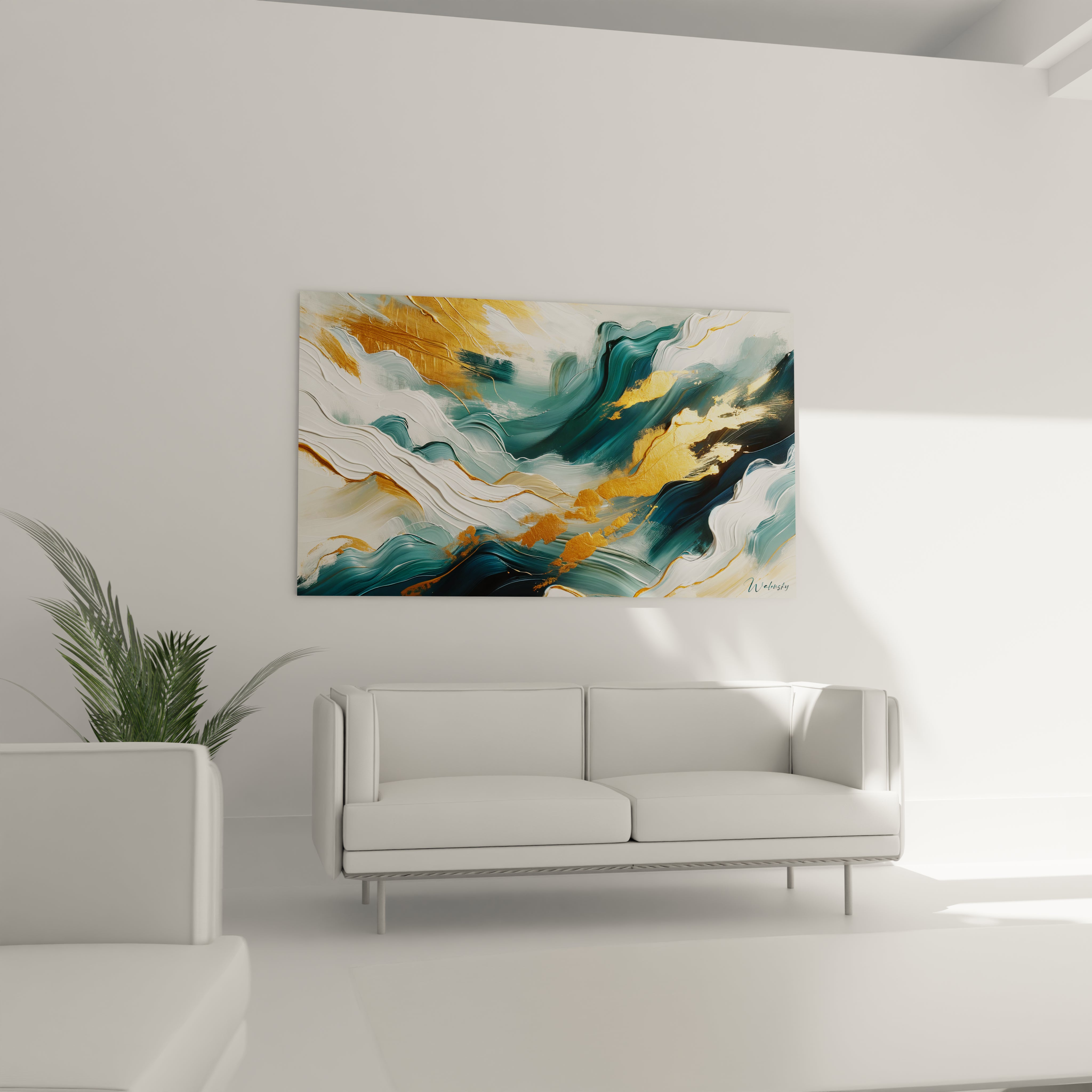 Un tableau abstrait évoquant un paysage marin stylisé. Les couleurs principales sont vert sarcelle, blanc nacré, or cuivré et bleu-vert. La texture montre des mouvements dynamiques créés par des coups de pinceau directionnels et des empâtements prononcés, avec des éléments dorés qui traversent la composition comme des filons précieux.
