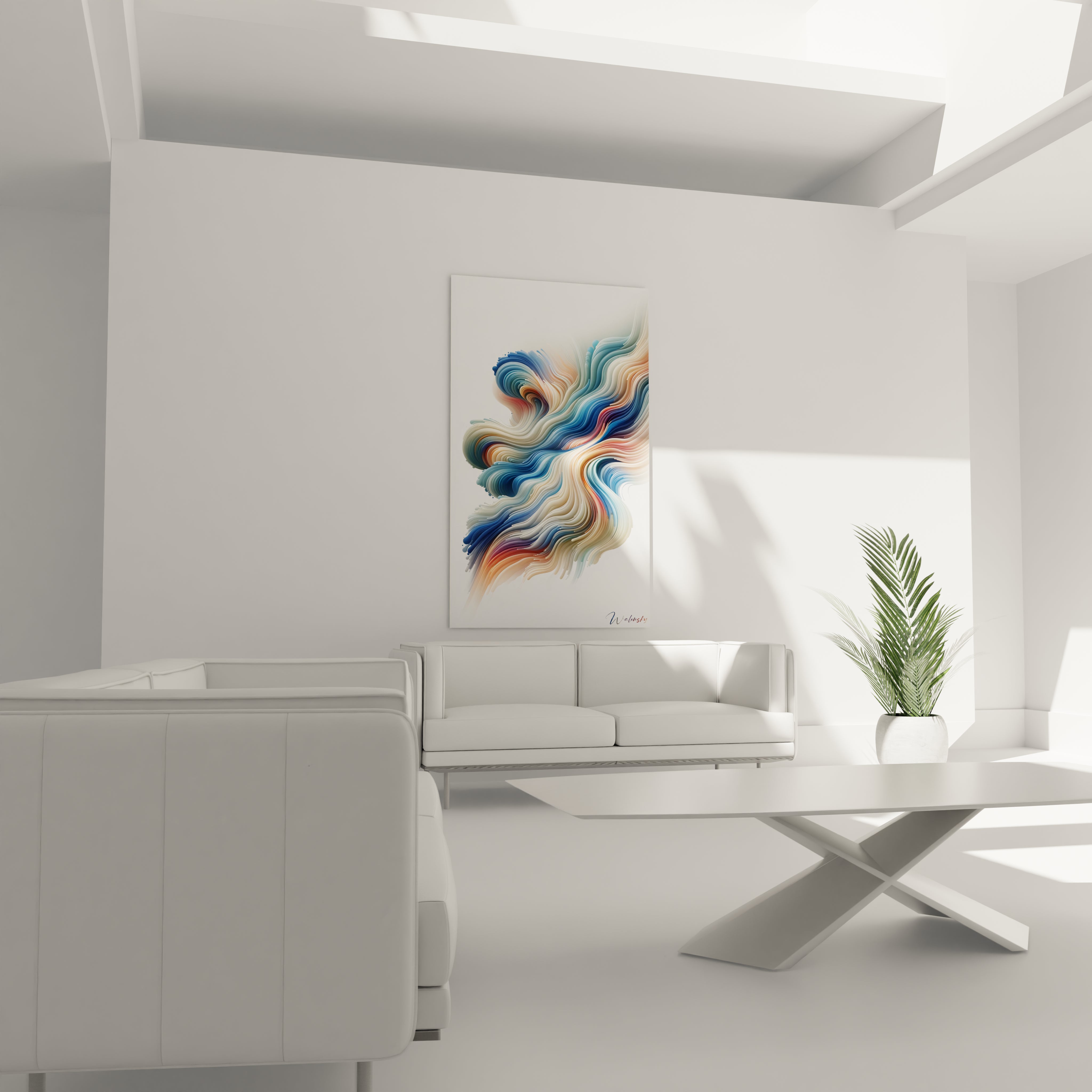 Un tableau abstrait de vagues chromatiques en mouvement. Les couleurs principales sont bleu marine, blanc nacré, saumon et bleu pastel. La texture révèle des strates lisses et parallèles qui se déploient en courbes gracieuses, créant un motif fluide et dynamique ressemblant à des courants d'eau ou d'air stylisés.

