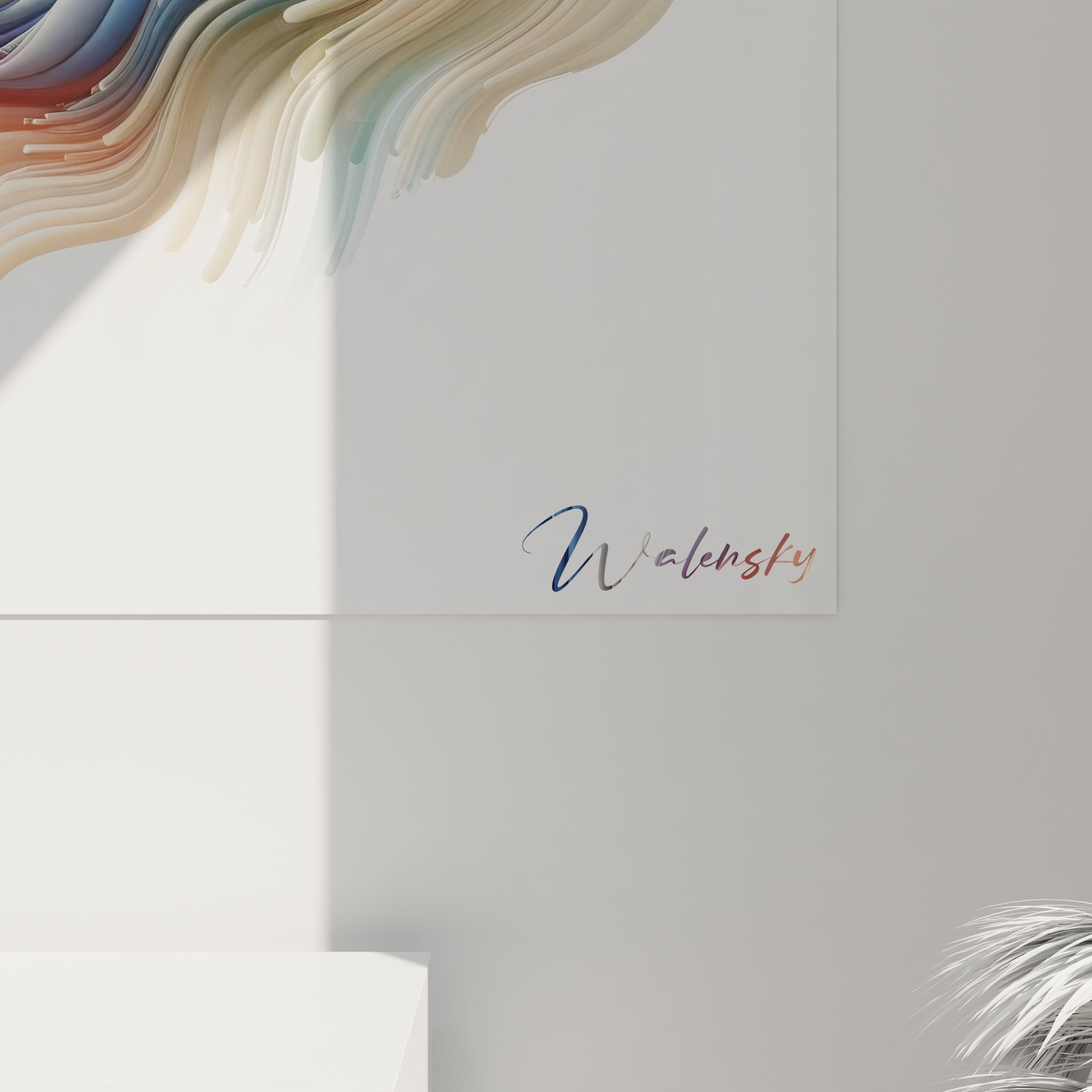 Un tableau abstrait de courants stratifiés en torsion. Utilise une palette de bleu profond, blanc ivoire, pêche rosé et bleu-vert. La texture présente des lignes fluides et ordonnées formant des couches qui s'enroulent et se plient, créant un effet de profondeur et de mouvement continu sur fond blanc immaculé.
